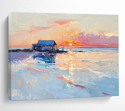 “Sunset Shack by Sea” - Pinks, Oranges, Blues, Coastal Shack - Impasto Oil Painting HB1592