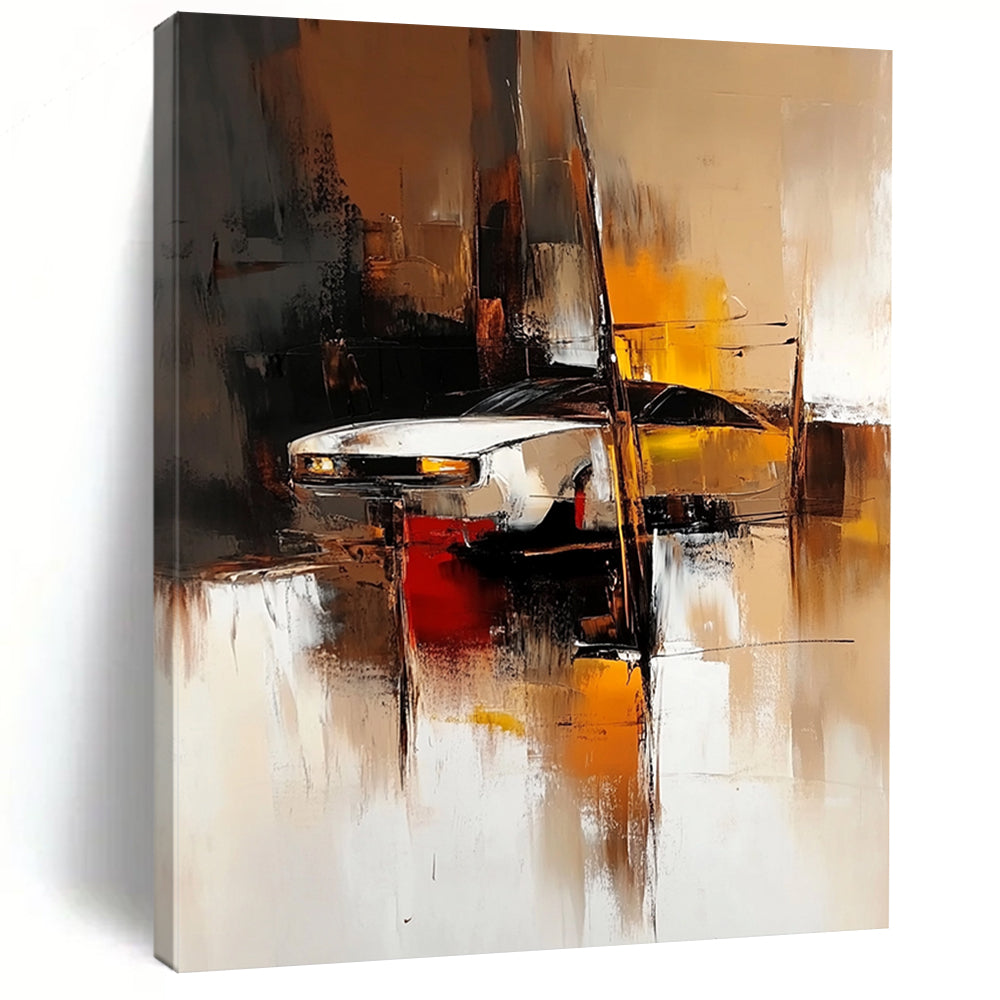 Contemporary abstract painting featuring blurred shapes in light brown dark amber and dark white creating an industrial design with soft edges and vibrant tones. DLZ0590