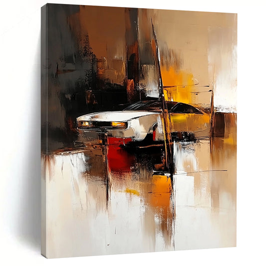 Contemporary abstract painting featuring blurred shapes in light brown dark amber and dark white creating an industrial design with soft edges and vibrant tones. DLZ0590