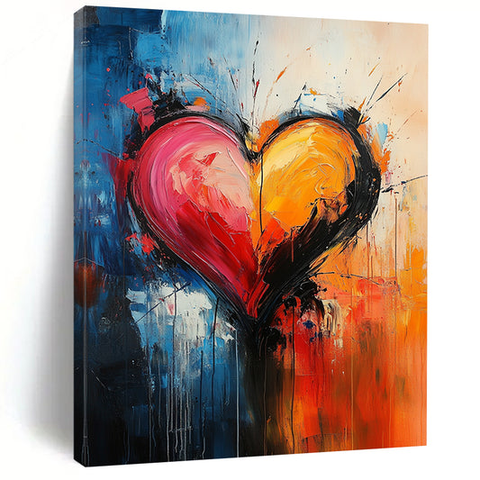 Contemporary abstract art features a heart shape in vibrant swirling colors embodying passion with expressive brushwork and dynamic composition on canvas. DLZ1272