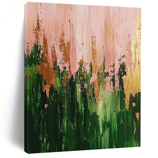 Contemporary abstract artwork featuring a vibrant forest in green and pink hues highlighted with gold accents and dynamic brush strokes. DLZ0904