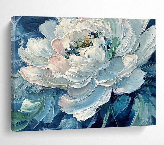 “Impasto White Peony on Blue” - White peony, blue background, thick brushstrokes, Impasto Floral Painting On Canvas HB0599
