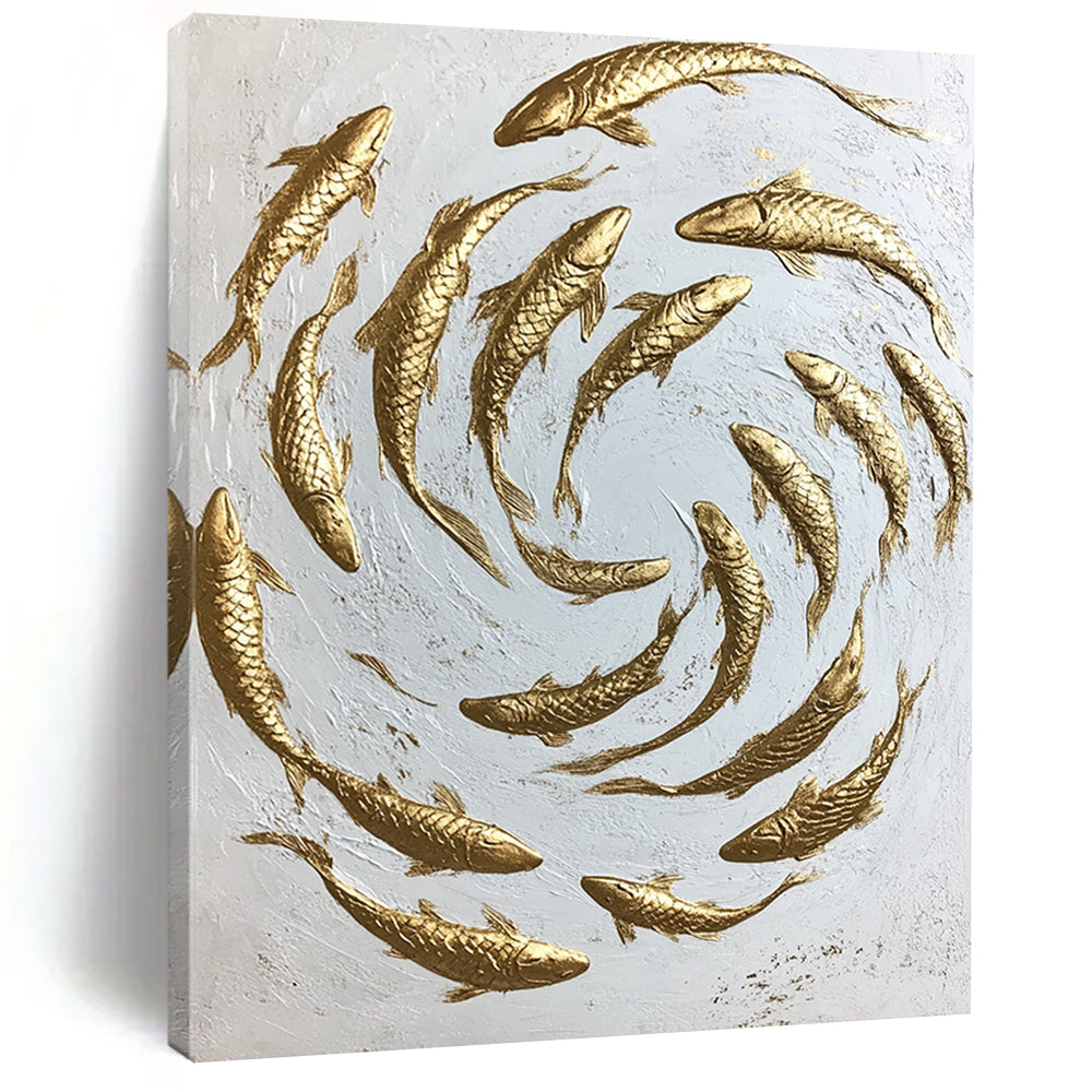Contemporary hand-painted abstract art featuring swirling gold koi fish on a minimalist white canvas capturing dynamic movement and intricate details. DLZ1475