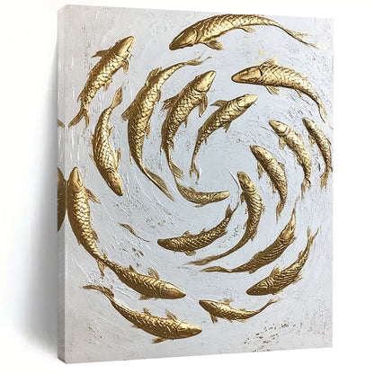 Contemporary hand-painted abstract art featuring swirling gold koi fish on a minimalist white canvas capturing dynamic movement and intricate details. DLZ1475