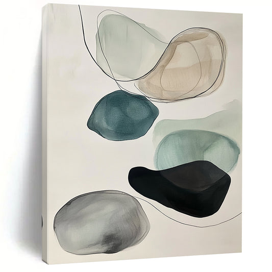 Contemporary abstract art featuring muted colors, black ink outlines, floating rocks in gray and teal on a white background. DLZ0796