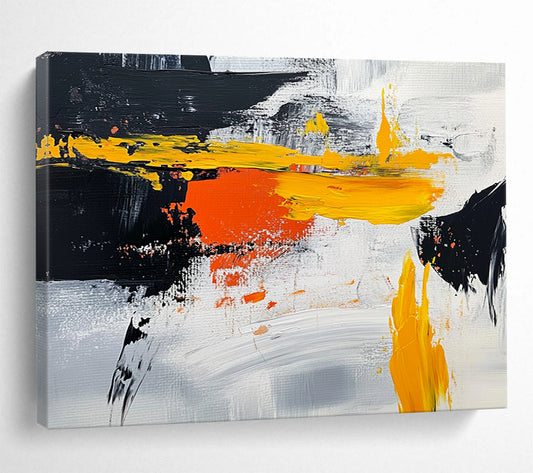 “Vibrant Yellow - Orange - Black Abstract” - Yellow, Orange, Black, Gray, White, Bold Strokes Painting On Canvas HB0812