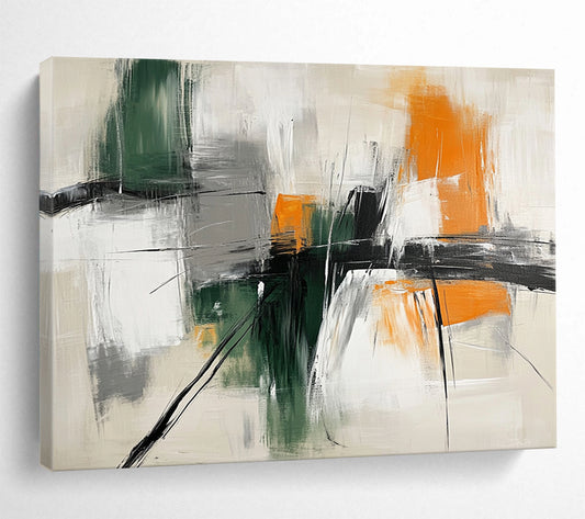 “Green and Orange Interplay” - Green, Orange, Gray, White, Abstract Strokes - Abstract Cubist - Inspired Acrylic Painting HB1552