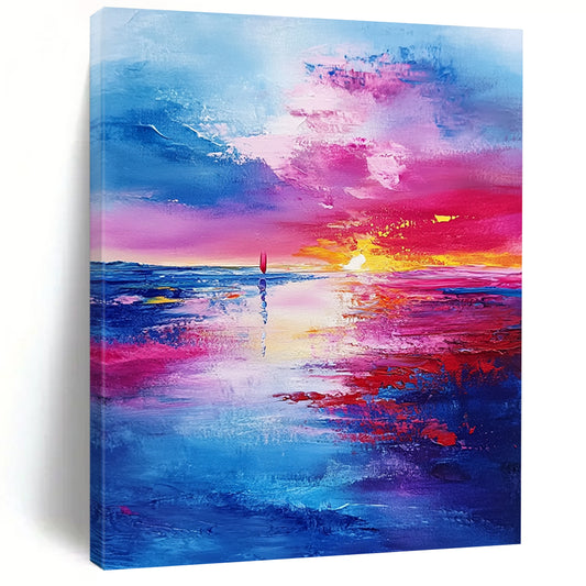 Contemporary hand-painted abstract art featuring a textured landscape of the sky and sea at sunset with vibrant shades of blue purple and red. DLZ0658