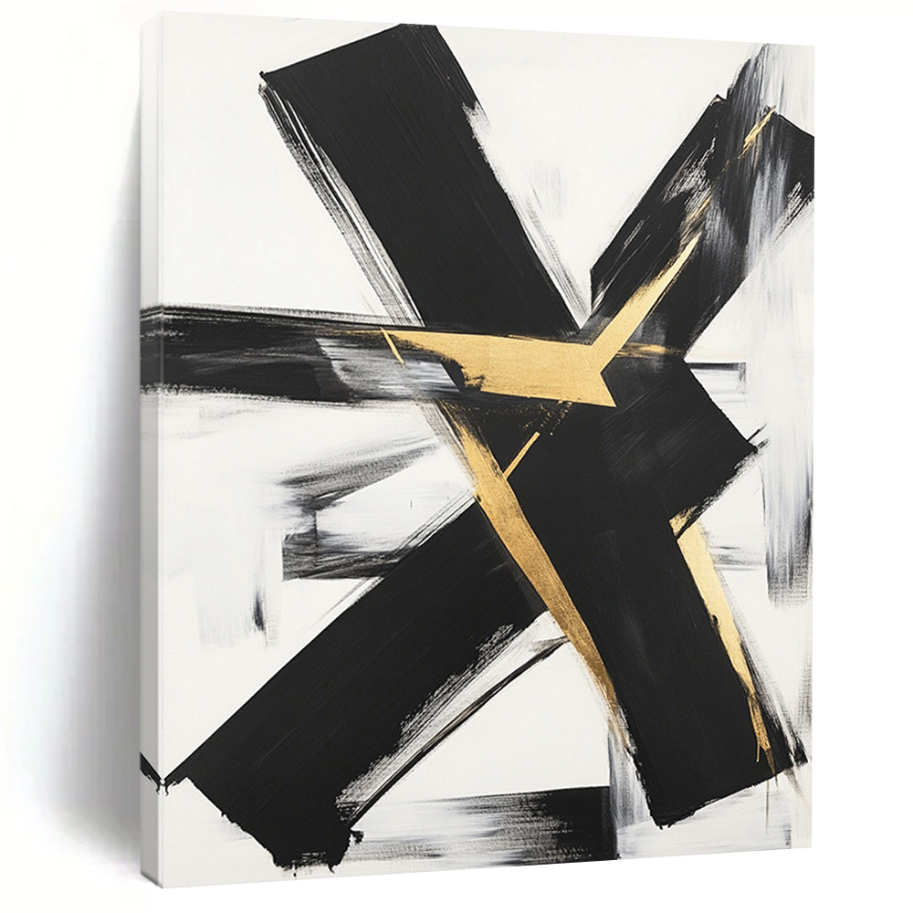 Black, White, Gold, Gray, Textured Triangles "Gilded Terrain" Abstract Cubist - Inspired Painting On Canvas HB120