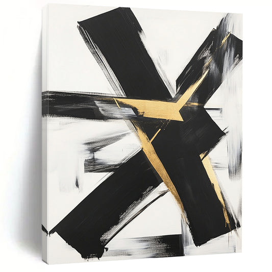 Black, White, Gold, Gray, Textured Triangles "Gilded Terrain" Abstract Cubist - Inspired Painting On Canvas HB120