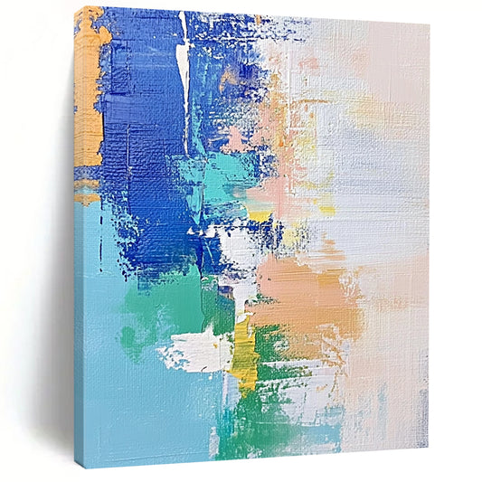 Contemporary hand-painted abstract artwork features soft pastel shades of blue and white with hints of green and beige, enhanced by dynamic brush strokes and mixed media. DLZ0657