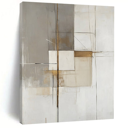 Large contemporary hand-painted abstract artwork features white gray and beige organic shapes with gold accents and heavy brushwork on a minimalist background. DLZ1742