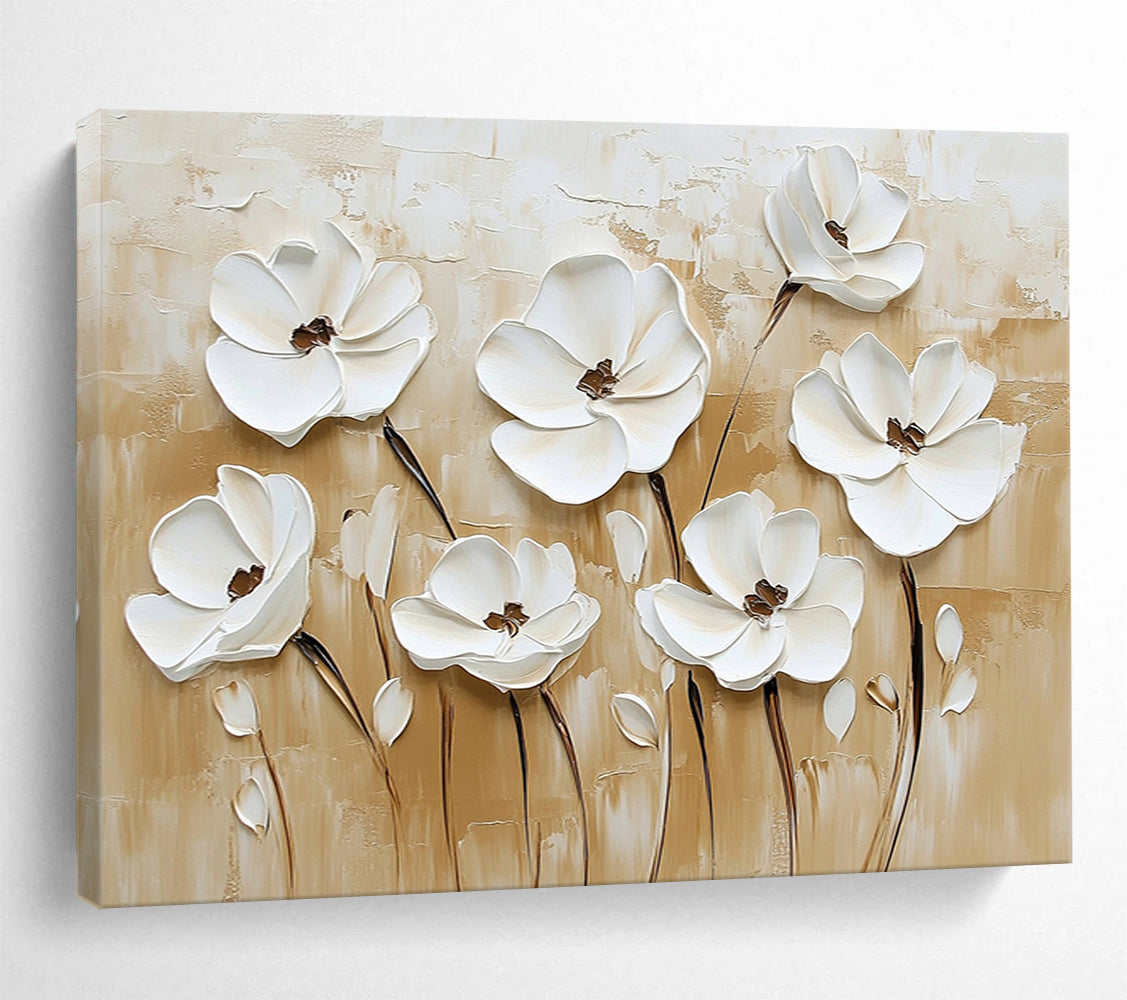 3D White Flowers on Beige - Textured Floral Relief Painting On Canvas HB0426