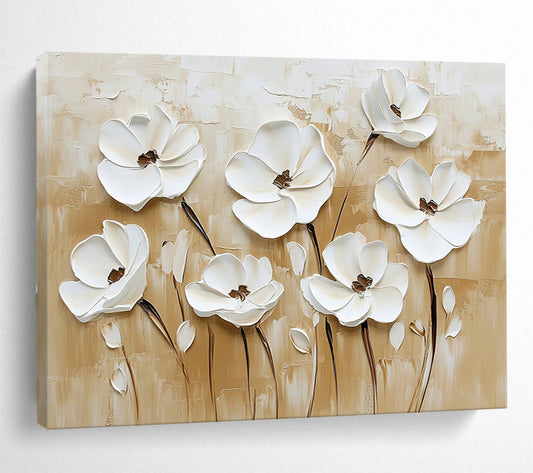 3D White Flowers on Beige - Textured Floral Relief Painting On Canvas HB0426