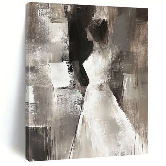 Contemporary abstract painting featuring a female figure in neutral tones, elegant brush strokes, and a mysterious atmosphere against a dark background. DLZ0668