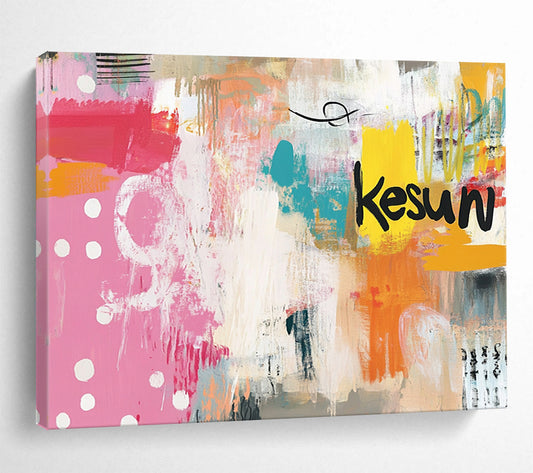 “Colorful Playful Abstract” - Pink, Orange, Teal, Yellow with Dots and “Kesun” - Painting On Canvas HB1389