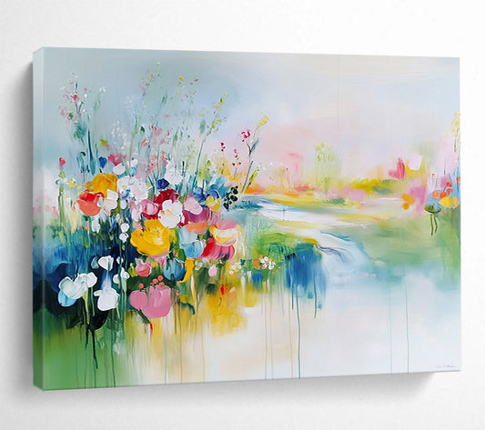 Colorful Flower Field by the River - Dreamy Abstract Landscape Painting On Canvas HB0433