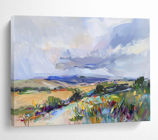 “Colorful Countryside Vibe” - Vivid Greens, Yellows, Blues, and Purples, Lively Impressionistic Landscape Painting On Canvas HB0915