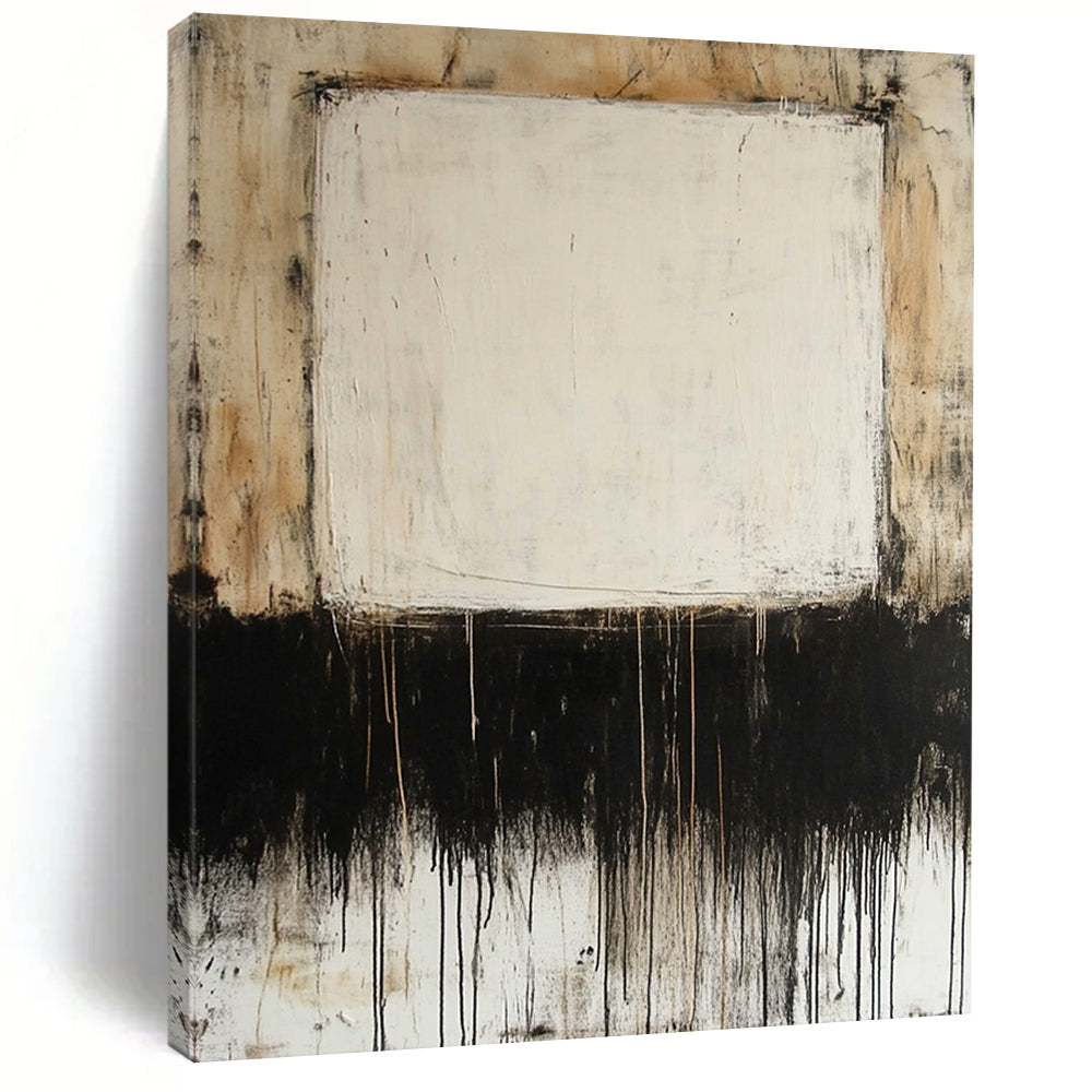 Contemporary large hand-painted abstract artwork featuring mixed media on canvas with thin oil paint lines and a prominent central white square. DLZ0685