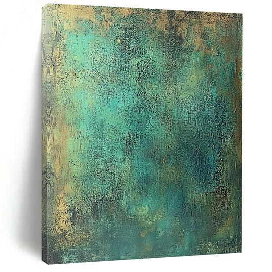 Large contemporary abstract painting featuring textured green metal tones with blue-green and brown speckles evoking strength and history reminiscent of ancient copper armor. DLZ1164