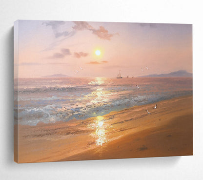Sunset Beach with Sailboats & Seagulls - Idyllic Living Room or Bedroom Art DLZ269