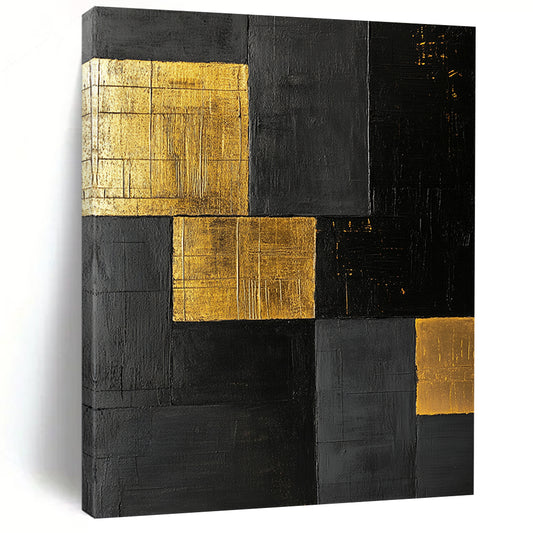 Black, Gold, Patchwork Squares "Gilded Night" Abstract Modernist Painting On Canvas HB155