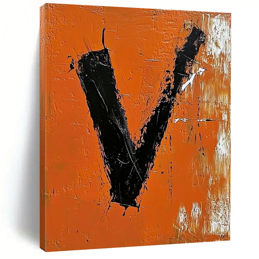 Contemporary abstract artwork featuring bold black "V" on vibrant orange background with expressive brush strokes and palette knife technique. DLZ1324