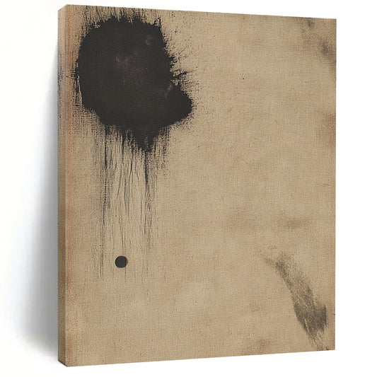Contemporary hand-painted abstract art on antique beige paper featuring a small dark circle and a large black smudge for a striking visual impact. DLZ0678