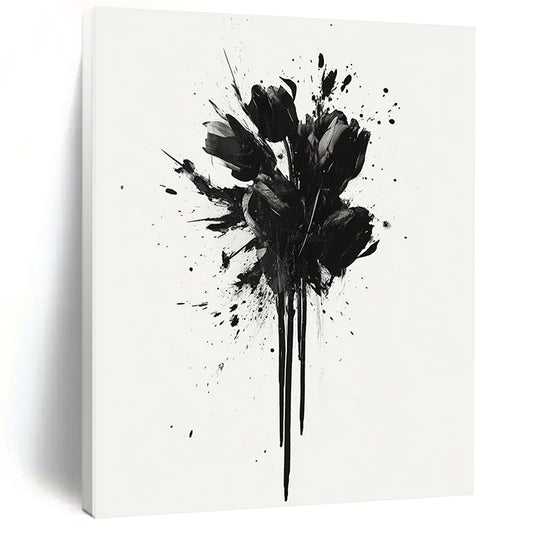 Black and White Splattered Flowers "Dramatic Blooms" Painting On Canvas HB299