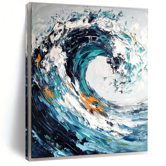 Contemporary abstract painting showcasing ocean wave with impasto brush strokes and palette knife in dark blue and teal swirls on white background. DLZ0580