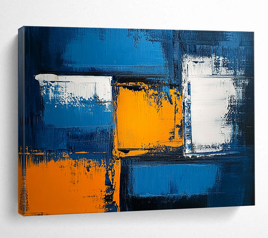 “Vibrant Blue with Orange and White Geometric Accents” - Blue, orange, white; Abstract geometric blocks on a blue background; Acrylic Painting On Canvas HB1230