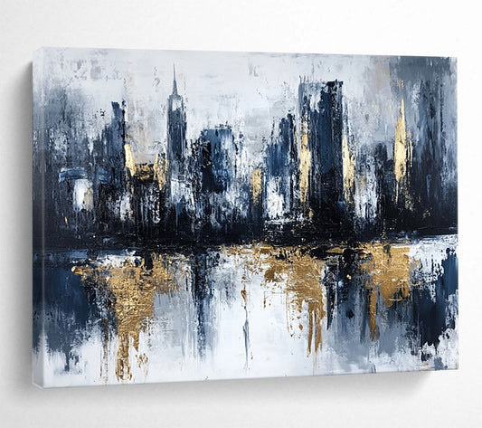 “Gilded City Skyline Reflection” - Gray, Blue, Gold, Abstract Cityscape with Water Mirroring Painting On Canvas HB1097