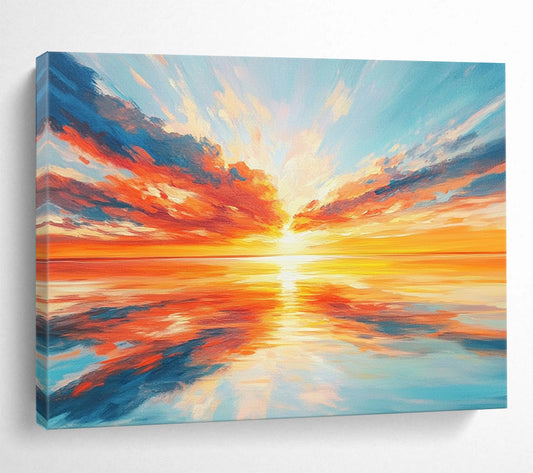 “Vibrant Sunset Over Sea” - Oranges, Reds, Yellows, Blues, Ocean Sunset - Expressionist Oil Painting HB1577