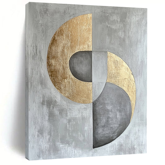 Gray, Silver and Gold Geometric Abstraction "Harmonious Circles" Painting On Canvas HB398