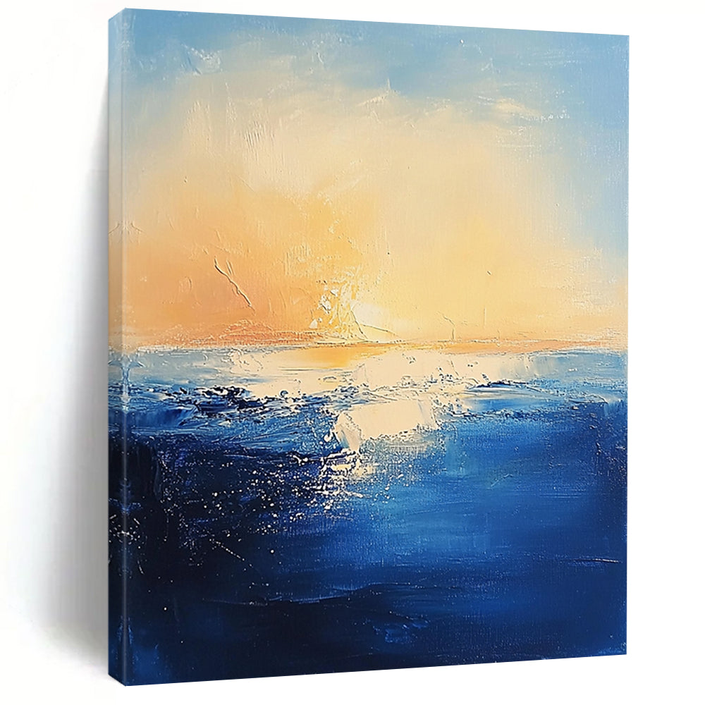 Contemporary abstract painting features textured navy ocean waves against a serene pastel sky and warm sun creating a mysterious atmosphere. DLZ0366