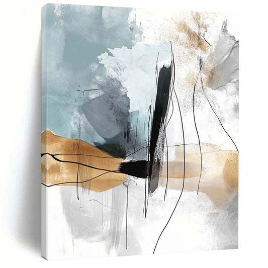 Large contemporary abstract painting featuring soft lines and shapes with a light gray-blue background and flowing watercolor effects in a warm beige palette. DLZ0769
