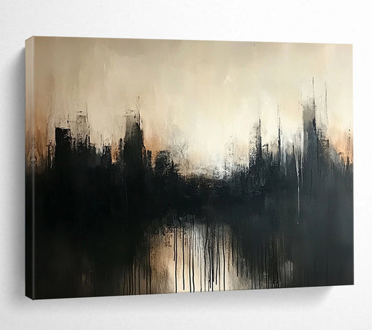 “Misty City Silhouette” - Black, Gray, Beige, Abstract Hazy Cityscape Painting On Canvas HB1077