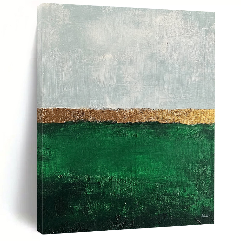 Contemporary abstract art featuring impasto technique with thick strokes, showcasing an emerald green field and muted sky in a minimalist aesthetic. DLZ1351