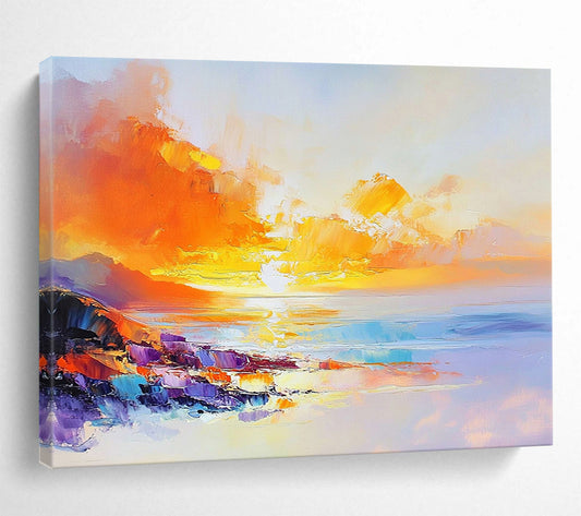 “Vibrant Sunset Coast” - Fiery Oranges, Yellows, Pinks, Colorful Coastal Cliffs - Impasto Oil Painting HB1738