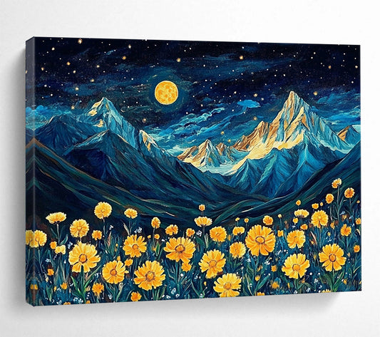 “Moonlit Mountain Flowers” - Blue, Yellow, Mountain & Floral Oil Painting On Canvas HB0718