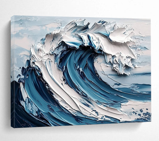 “3D Ocean Wave” - Blue, White, Textured Wave, Hyper - Realistic Palette Knife Painting On Canvas HB1102