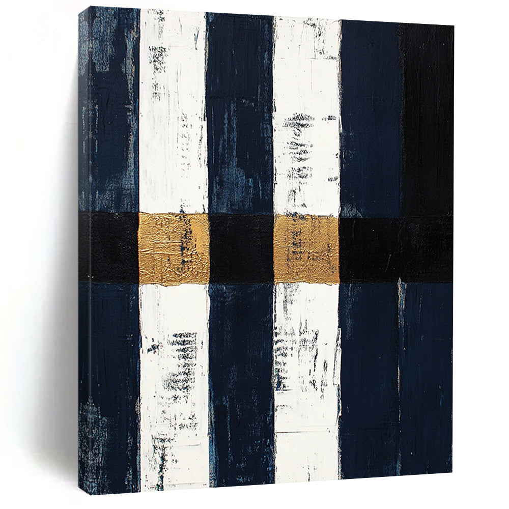 Navy, White, Gold, Black, Vertical Stripes "Nautical Gilded Stripes" Abstract Coastal - Inspired Painting On Canvas HB153