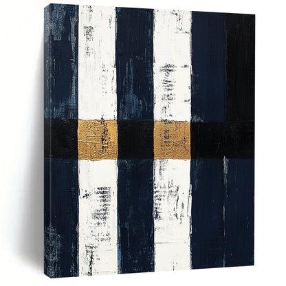 Navy, White, Gold, Black, Vertical Stripes "Nautical Gilded Stripes" Abstract Coastal - Inspired Painting On Canvas HB153