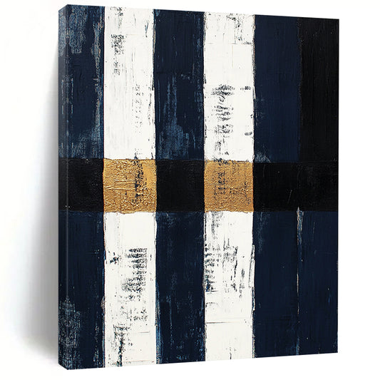 Navy, White, Gold, Black, Vertical Stripes "Nautical Gilded Stripes" Abstract Coastal - Inspired Painting On Canvas HB153