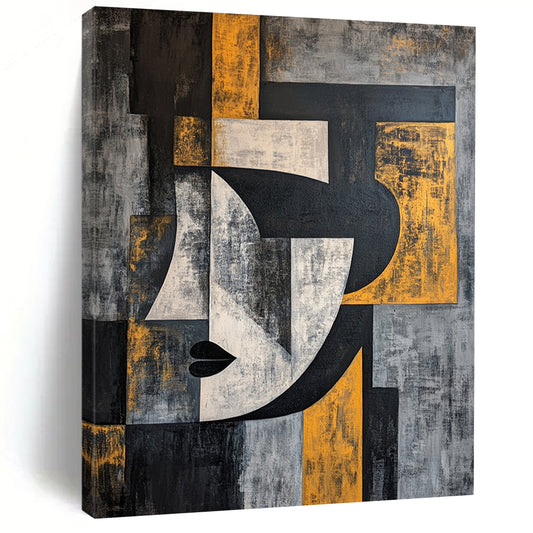 Gray, Black, White and Yellow Cubist Portrait "Abstract Identity" Painting On Canvas HB373