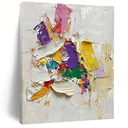 Contemporary hand-painted abstract art features vibrant paint strokes and thick oil textures on a white background with intricate details and soft edges. DLZ0578