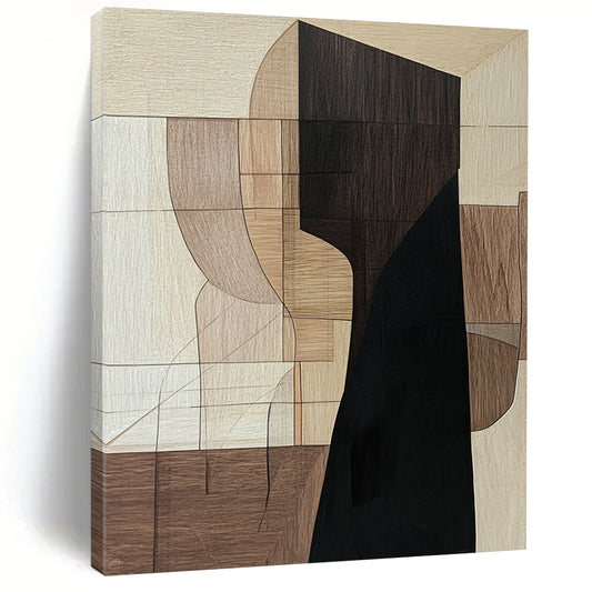 Contemporary hand-painted abstract art featuring a dominant elongated black wooden shape with earthy shades and a mysterious shadowy presence. DLZ0855