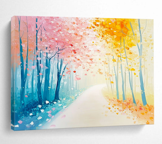 “Pastel Forest Pathway” - Dreamy path lined with pink and yellow trees, Impressionist Landscape Painting On Canvas HB0538
