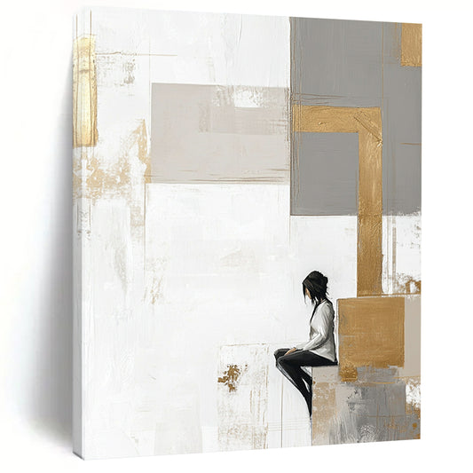 Contemporary abstract artwork features large neutral squares with gold accents on a white backdrop complemented by pale gray and beige elements. DLZ0626
