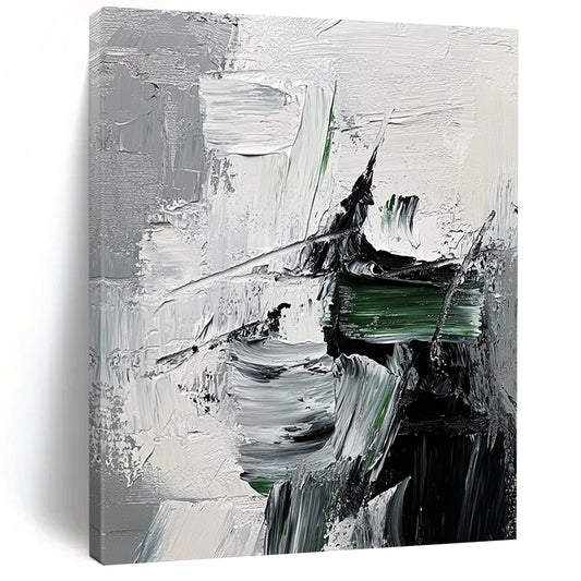 Contemporary abstract painting showcasing impasto textures with green strokes on a monochrome grey and black backdrop featuring a hint of fur detail. DLZ0748